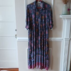 NATURAL LIFE Dark Gray Floral Maxi Dress with Pink & Brown Accents
